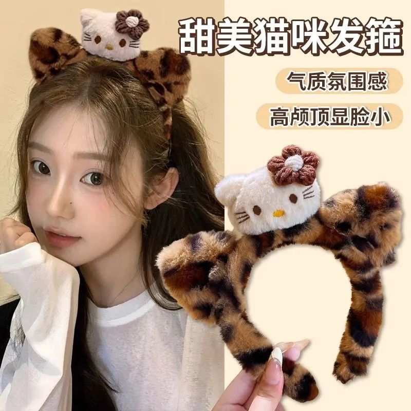 可爱猫咪酱~黑皮Kitty猫耳朵豹纹毛绒发箍，让你萌翻天！