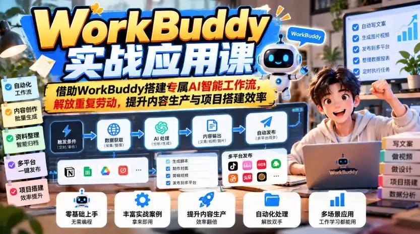 WorkBuddy实战应用课，借助WorkBuddy搭建专属AI智能工作流，解放重复劳动，提升内容生产与项目搭建效率