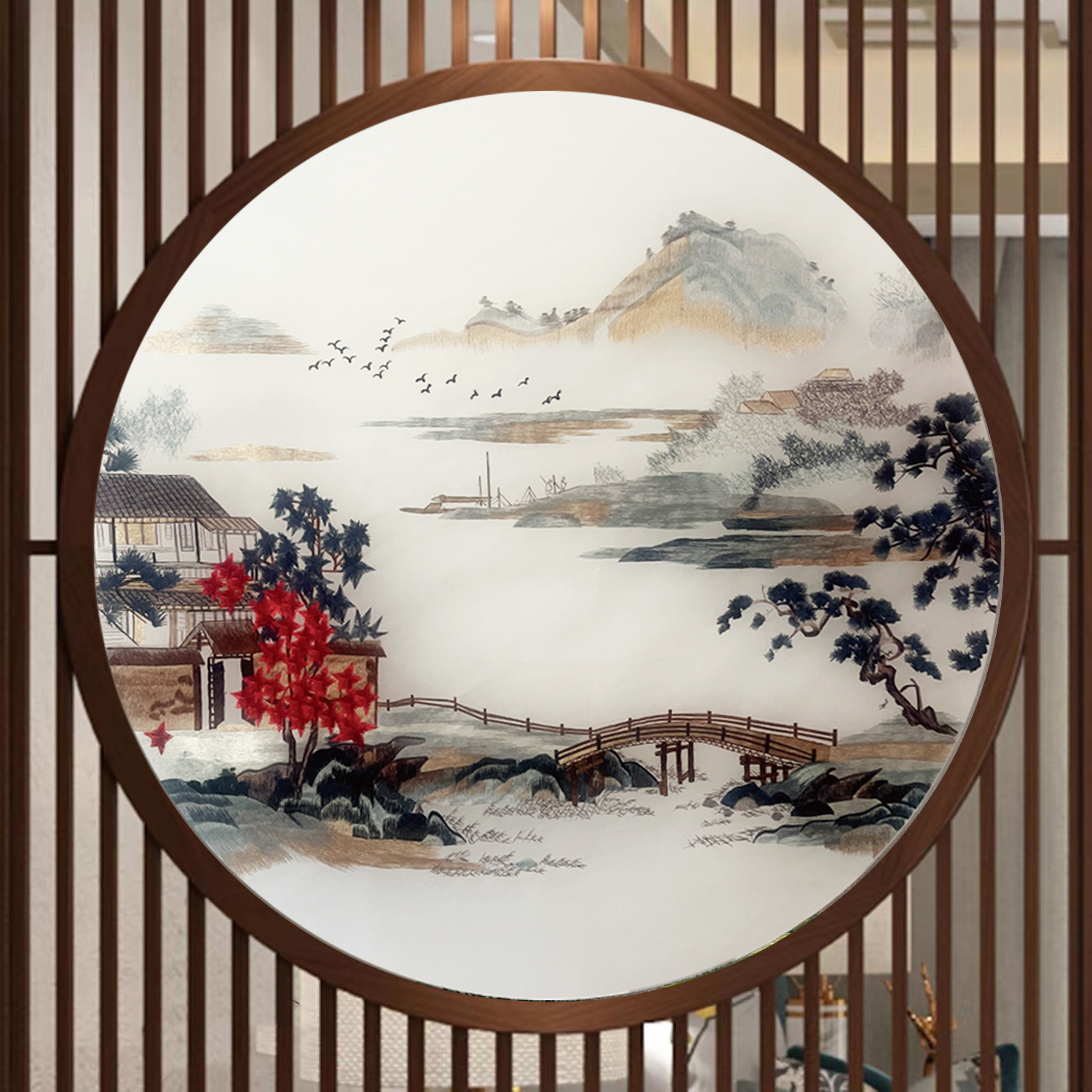 苏绣双面刺绣屏风：新中式玄关隔断，圆形画芯定制实木边框太惊艳了！