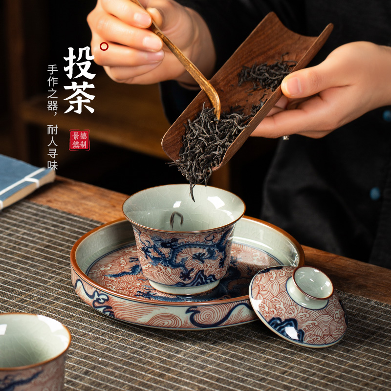 焱匠堂开片釉里红马蹄盖碗：泡茶神器，古韵新潮，一触即发！