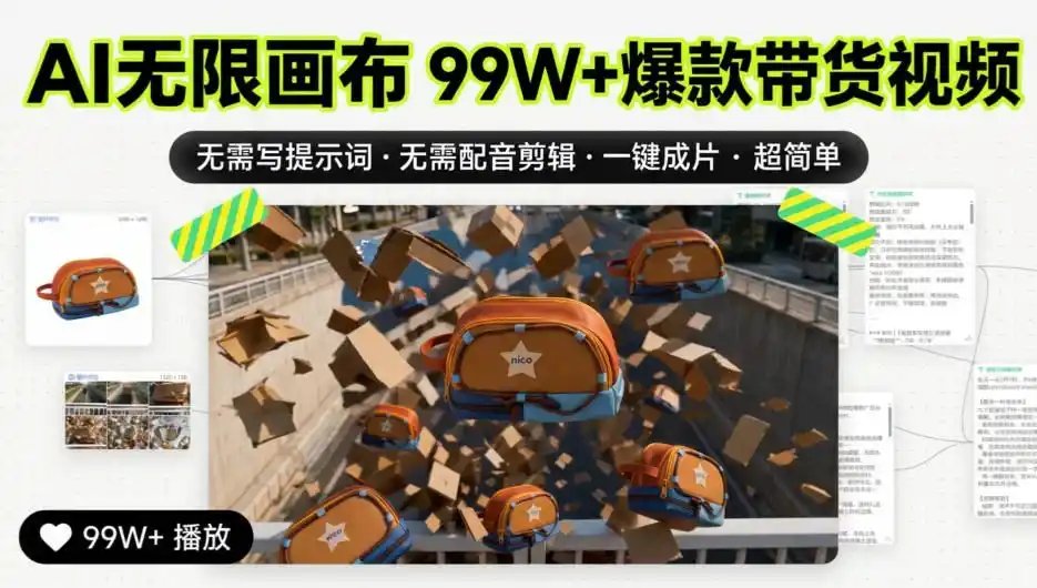 AI无限画布99W+爆款带货视频，无需写提示词·无需配音剪辑·一键成片·超简单