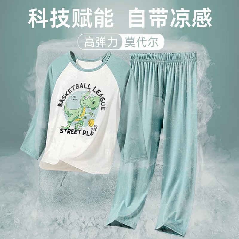 夏日清凉必备！男童冰丝薄款夏季儿童莫代尔睡衣，空调房里的温柔守护者