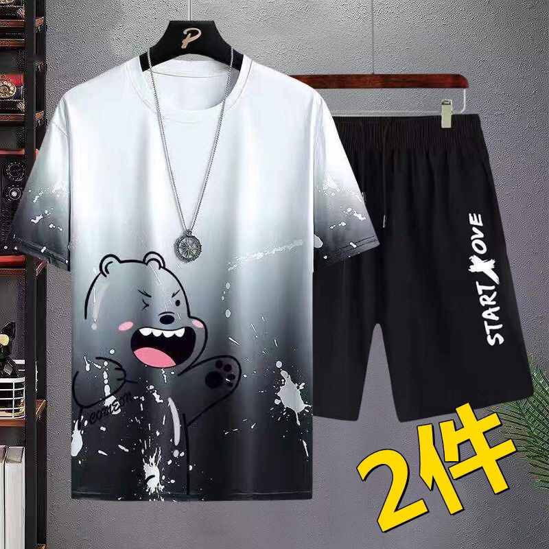夏日清爽必备！套装男夏季薄款速干短袖短裤两件套，潮牌欧货冰丝T恤五分裤一整套，如何才能拒绝它？