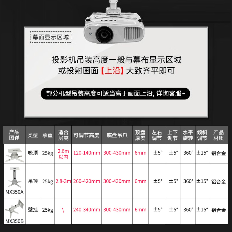 投影仪壁挂支架选购全攻略：爱普生A100、明基i750、BenQ TK700、索尼VW898吊架HW698通用铝合金伸缩吊架