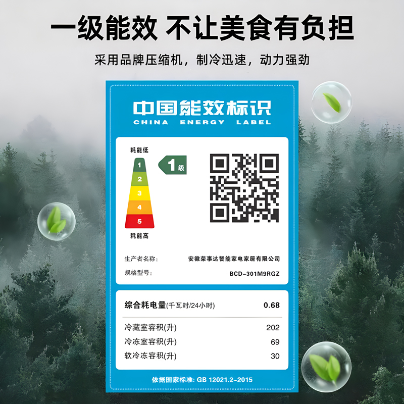 荣事达301L电冰箱：双开门法式设计，一级节能省电，开启家庭保鲜新篇章！