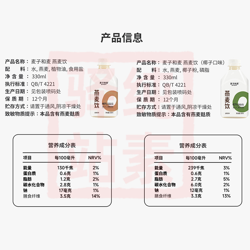 麦子和麦燕麦饮：原味谷物植物蛋白新风尚，330ml*12瓶装，开启你的健康之旅！