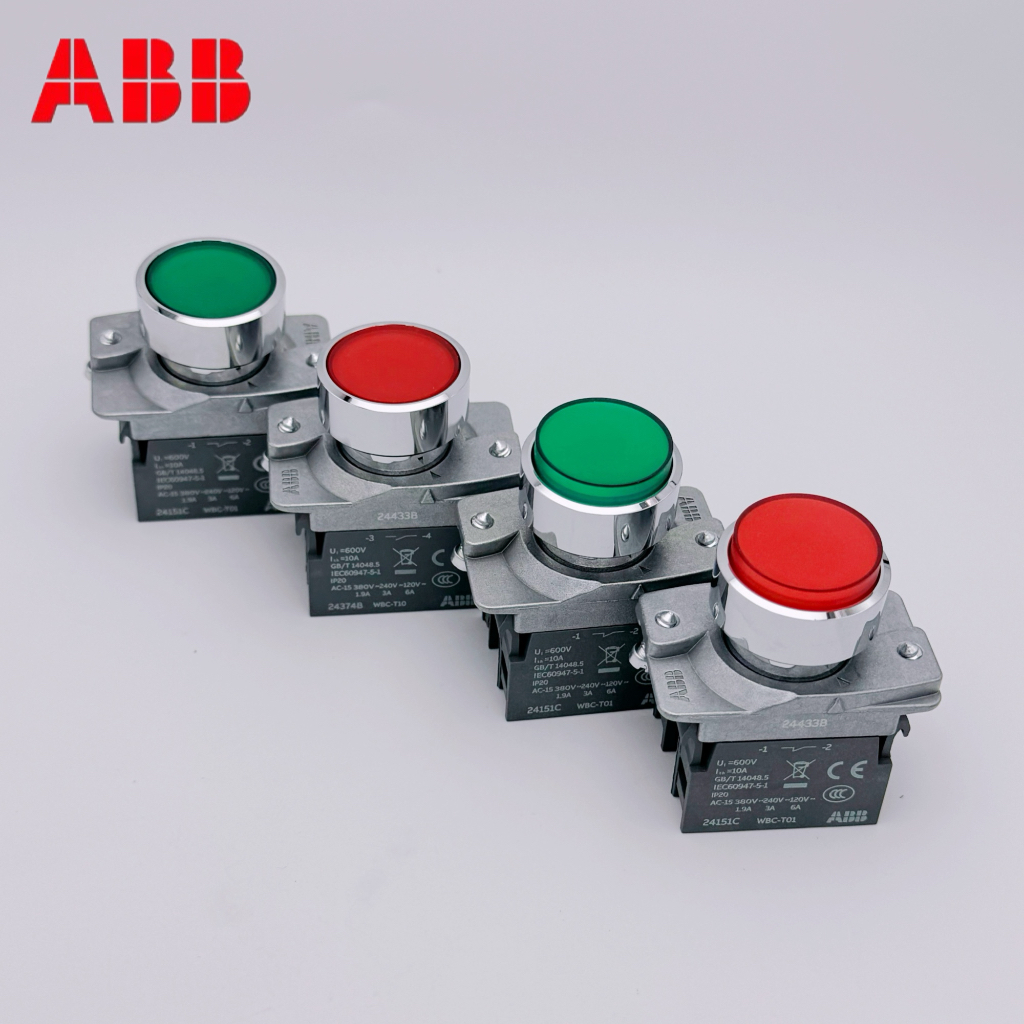 ABB WAY金属带灯按钮开关：绿色常开24V/220V红色凸头高头，点亮你的工业控制新体验！