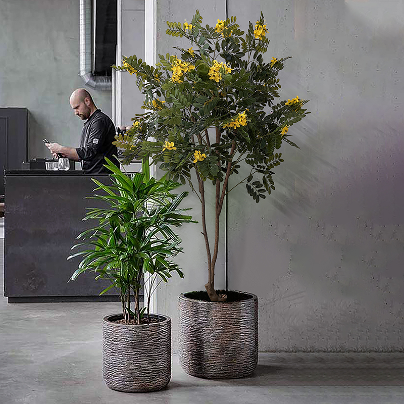 仿真绿植室内落地盆栽假树植物黄槐花中古风装饰高端轻奢盆景摆件：打造梦幻家居绿意空间