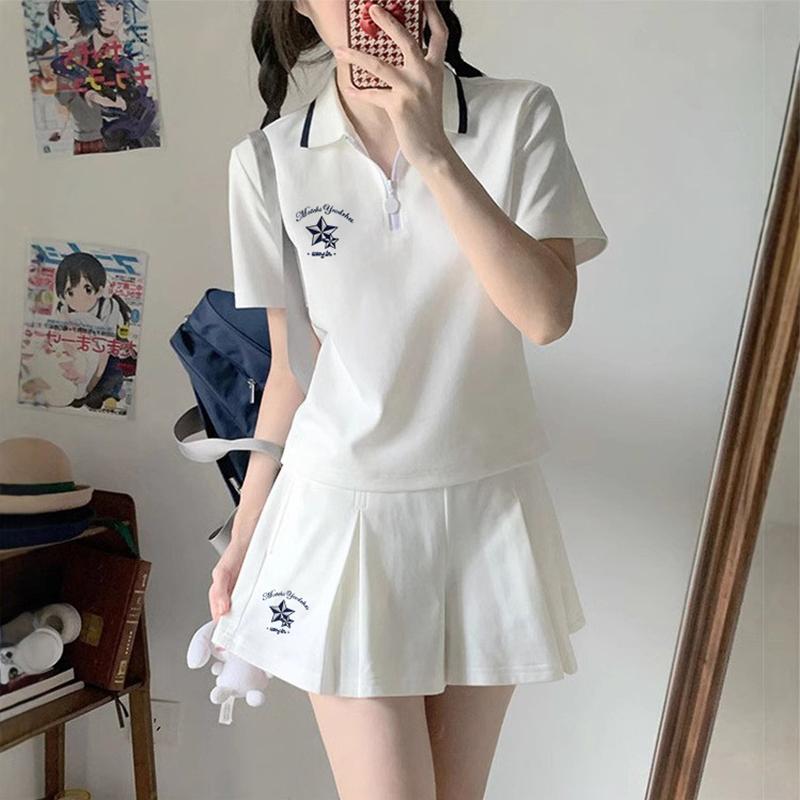 11-17岁初中女生2025夏季Polo领短袖T恤+工装裤两件套，潮流来袭，美出新高度✨