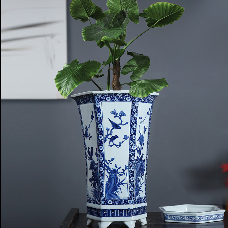 别墅陶瓷花盆：景德镇手绘八方花盆，售楼处同款陶瓷饰品，提升家居品味！