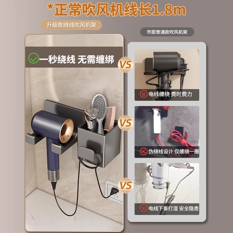 德国轻奢戴森吹风机置物架：免打孔电风吹支架，枪灰风筒壁挂式收纳神器