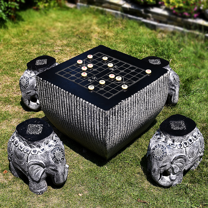仿石象棋桌+中式茶桌椅组合，户外庭院花园里的复古风情棋局！