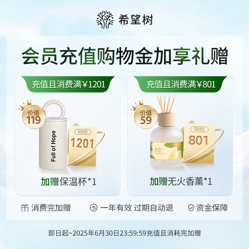 【希望树购物金】充值800元得801元，6月30日前消耗完享礼赠，错过等一年！