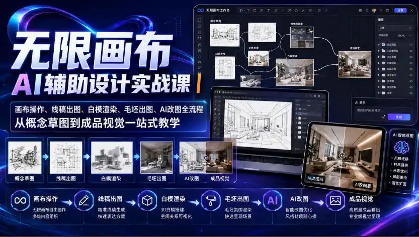 无限画布AI辅助设计实战课｜画布操作、线稿出图、白模渲染、毛坯出图、AI改图全流程，从概念草图到成品视觉一站式教学（更新0923）