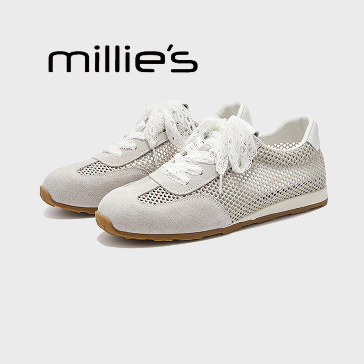 MILLIE&#x27;S妙丽夏季圆头平底韩版网面透气蕾丝拼接阿甘休闲板鞋，夏日时尚必备