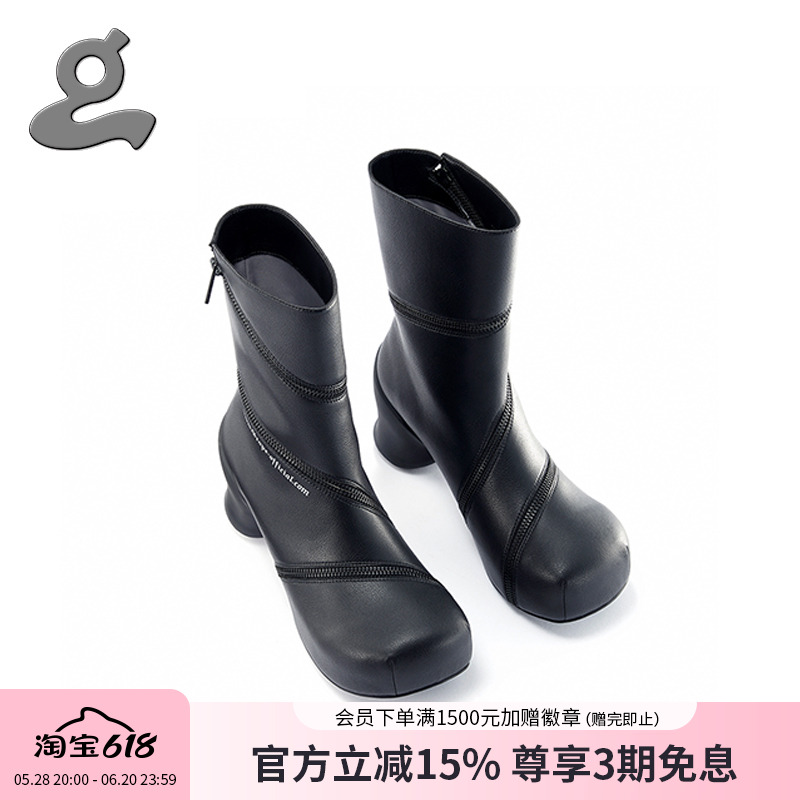 GRAPE Hotel系列黑灰双色螺旋拉链圆头高跟中筒女靴：秋冬时尚新宠，你准备好了吗？