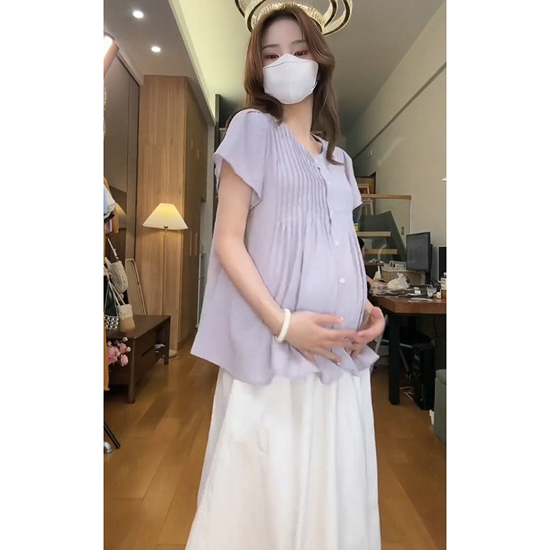 孕妇套装2025新款夏季时尚宽松韩版翻领短袖薄款上衣半身裙两件套，孕妈们的夏日时尚新宠
