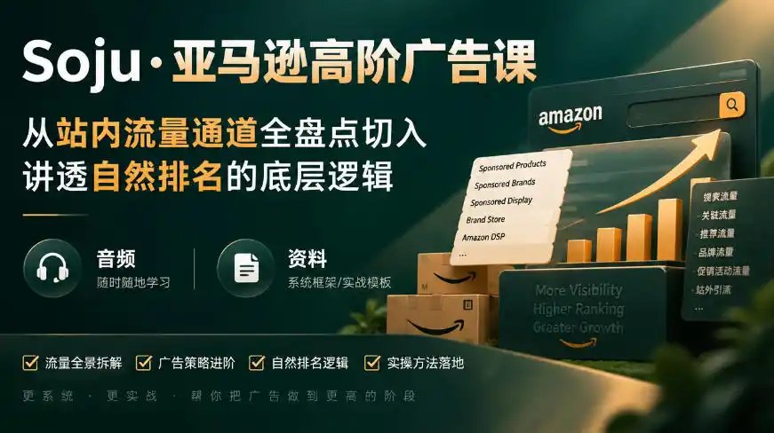 亚马逊高阶广告课，从站内流量通道全盘点切入，讲透自然排名的底层逻辑（直播+音频+资料）