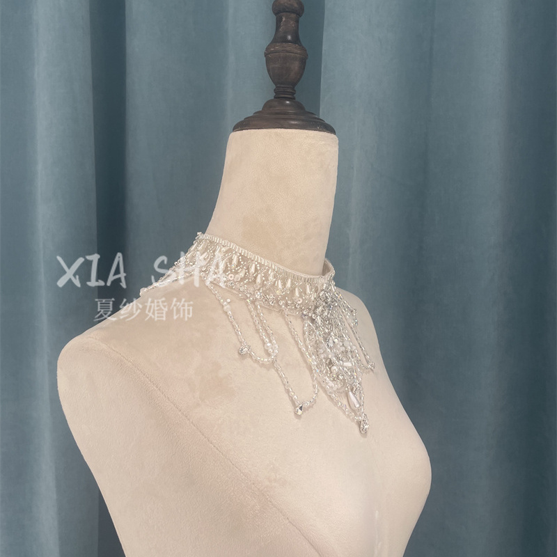 新款婚纱轻奢单独婚纱领子手工缝制流苏项链婚礼配饰重工脖链珠片：打造梦幻婚礼的点睛之笔