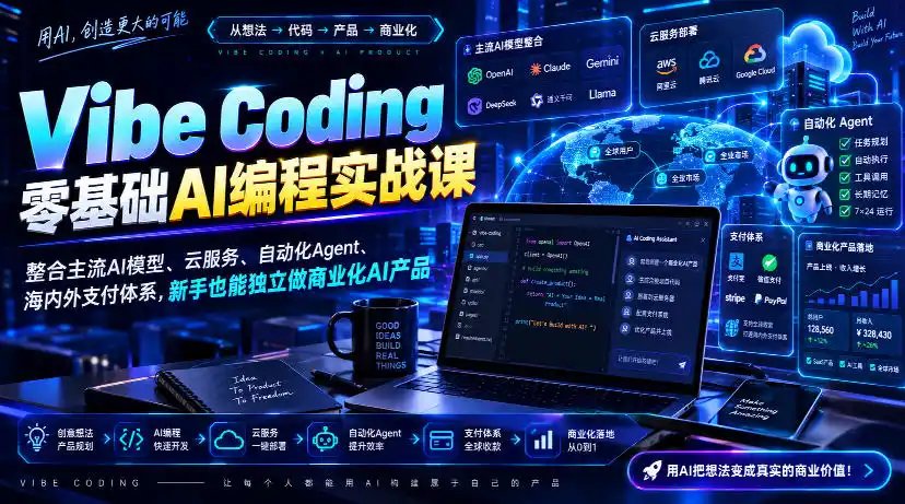Vibe Coding零基础AI编程实战课-无水印，整合主流AI模型、云服务、自动化Agent、海内外支付体系，新手也能独立做商业化AI产品