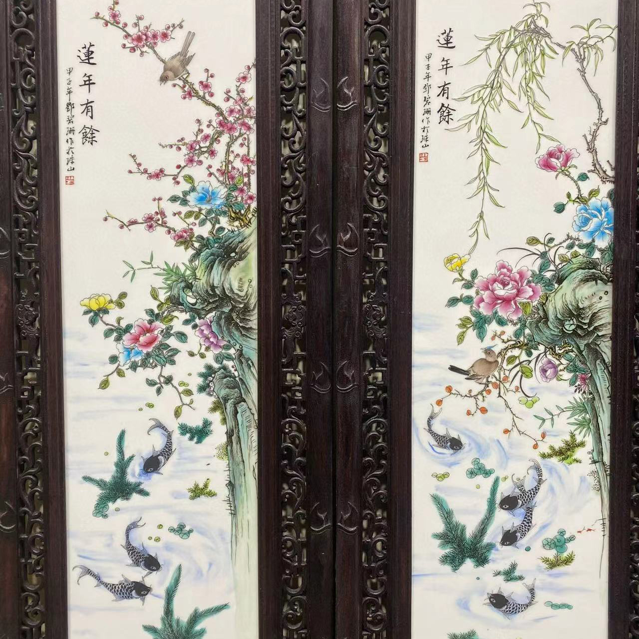 古董文玩旧藏：邓碧珊粉彩花鸟四条挂屏，古典美学的巅峰之作！