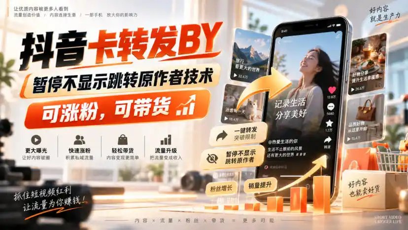 抖音卡转发搬运，暂停不显示跳转原作者技术，可涨粉，可带货