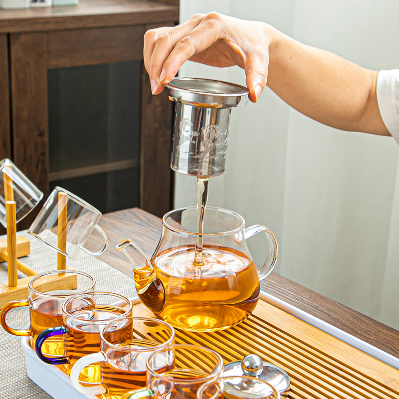 新款中式泡茶壶五件套：带路网花茶壶套装，送礼自用两相宜的玻璃茶具定制logo攻略！