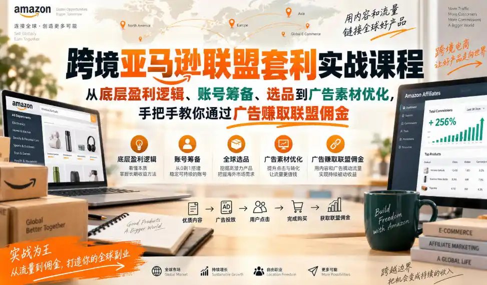 跨境亚马逊联盟套利实战课程,从底层盈利逻辑、账号筹备、选品到广告素材优化,手把手教你通过广告賺取联盟佣金
