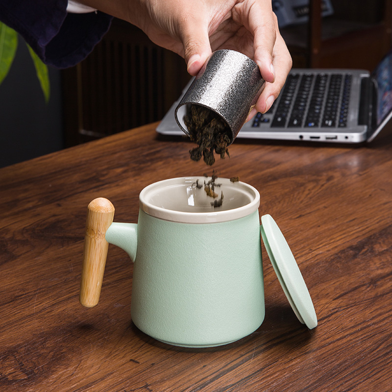 带盖带勺木柄马克杯太香了！大容量茶水分离杯办公神器，喝咖啡都变仪式感了☕