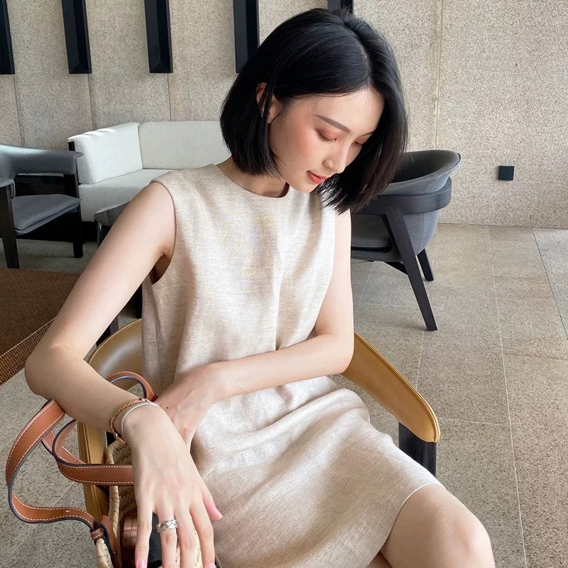 法式名媛小香风棉麻无袖连衣裙2025夏季新款洋气短款气质背心裙子，夏日必备优雅战袍✨