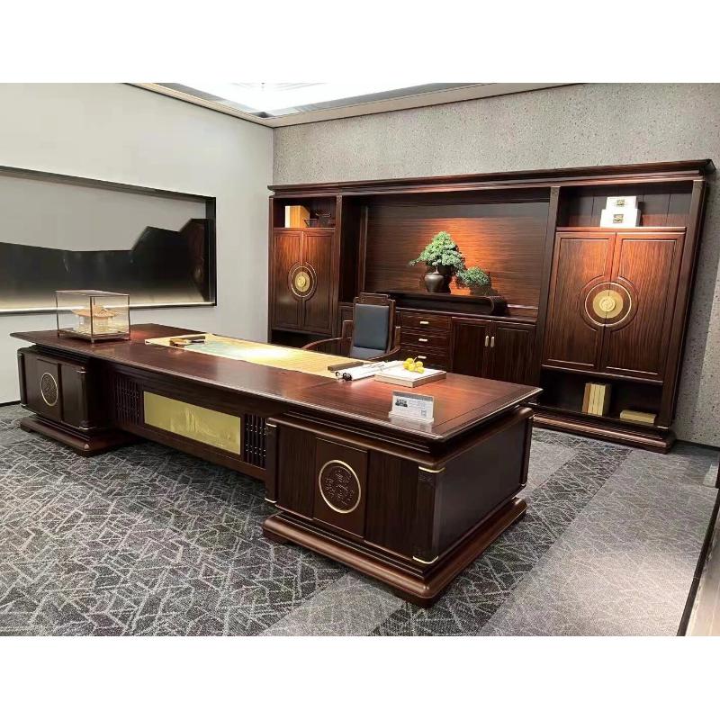 简约办公桌椅组合，新中式实木总裁桌，乌金木大班台，打造办公室新风尚！