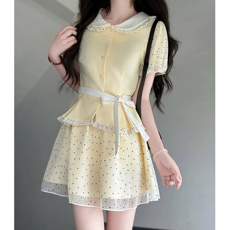 【唤纱】布丁熊原创JK制服绿色娃娃领上衣女学院甜美风波点裙套装夏：青春记忆里的那一抹绿