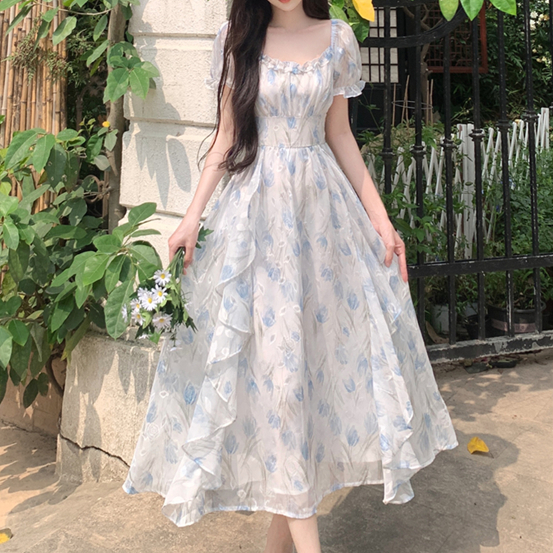 抖音爆款现货Aconi紫苑云霓法式度假裙，气质大裙摆灯笼袖印花浪，优雅出游必备！✨