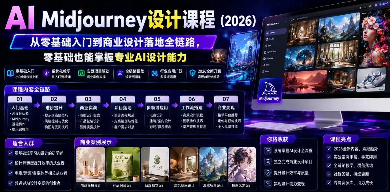 AI Midjourney设计课程（2026），从零基础入门到商业设计落地全链路，零基础也能掌握专业AI设计能力（更新1007）