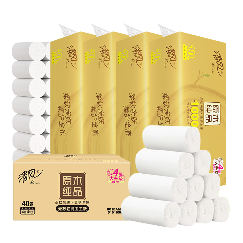 清风原木金装无芯卷纸：4层14卷，家庭必备的绿色生活新选择！