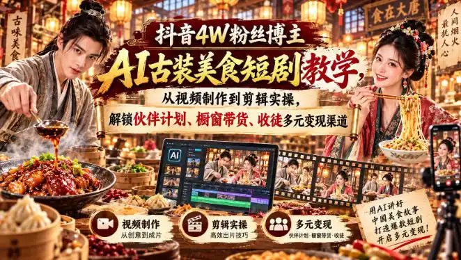 抖音4W粉丝博主AI古装美食短剧教学，从视频制作到剪辑实操，解锁伙伴计划、橱窗带货、收徒多元变现渠道