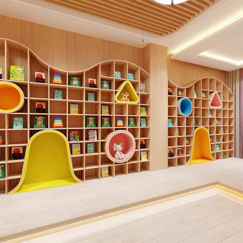 幼儿园图书馆绘本馆拱门书柜定制：创意弧形圆圈大厅阅读区异形书柜，打造梦幻阅读空间！