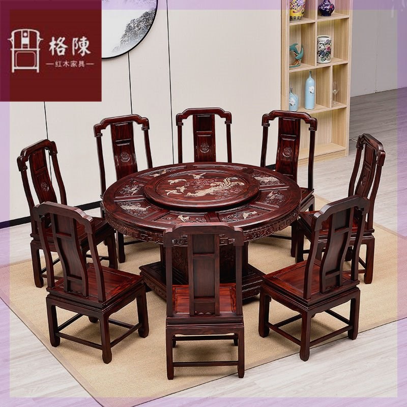 新中式红木餐桌：印尼黑酸枝木圆桌，小户型餐厅的轻奢简约之选！