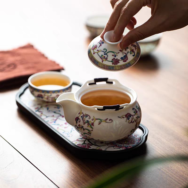 玲珑手抓壶盖碗茶杯青花功夫旅行茶具套装：品茗新风尚，优雅出行必备