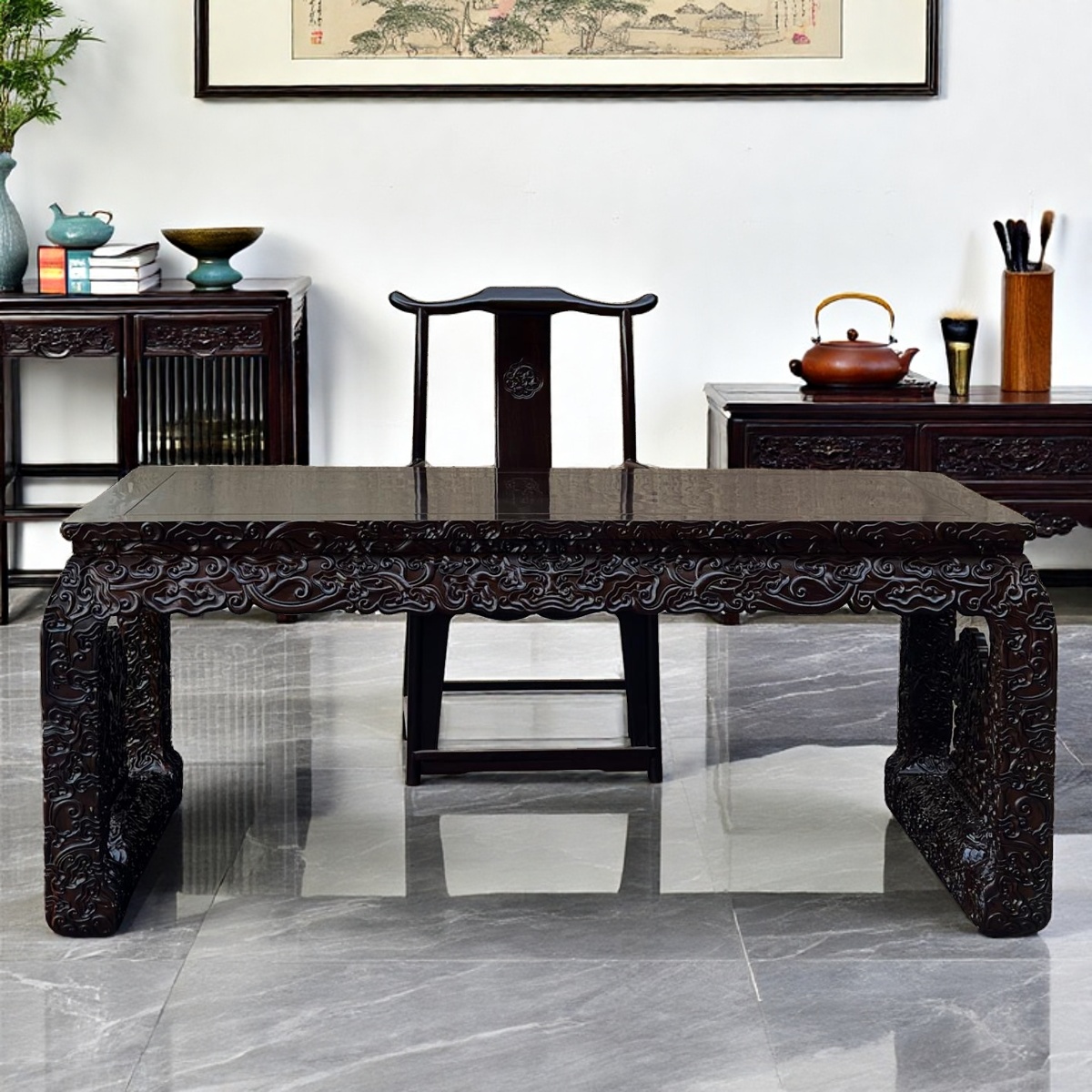 红木书桌台：非洲黑檀木灵芝画台画案，中式实木明清古典办公桌办公台，传统美学的现代演绎