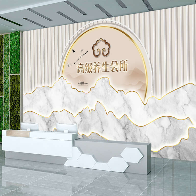 新中式养生馆前台背景墙纸：3D立体茶室会所与美容店吧台壁纸壁布的美学盛宴