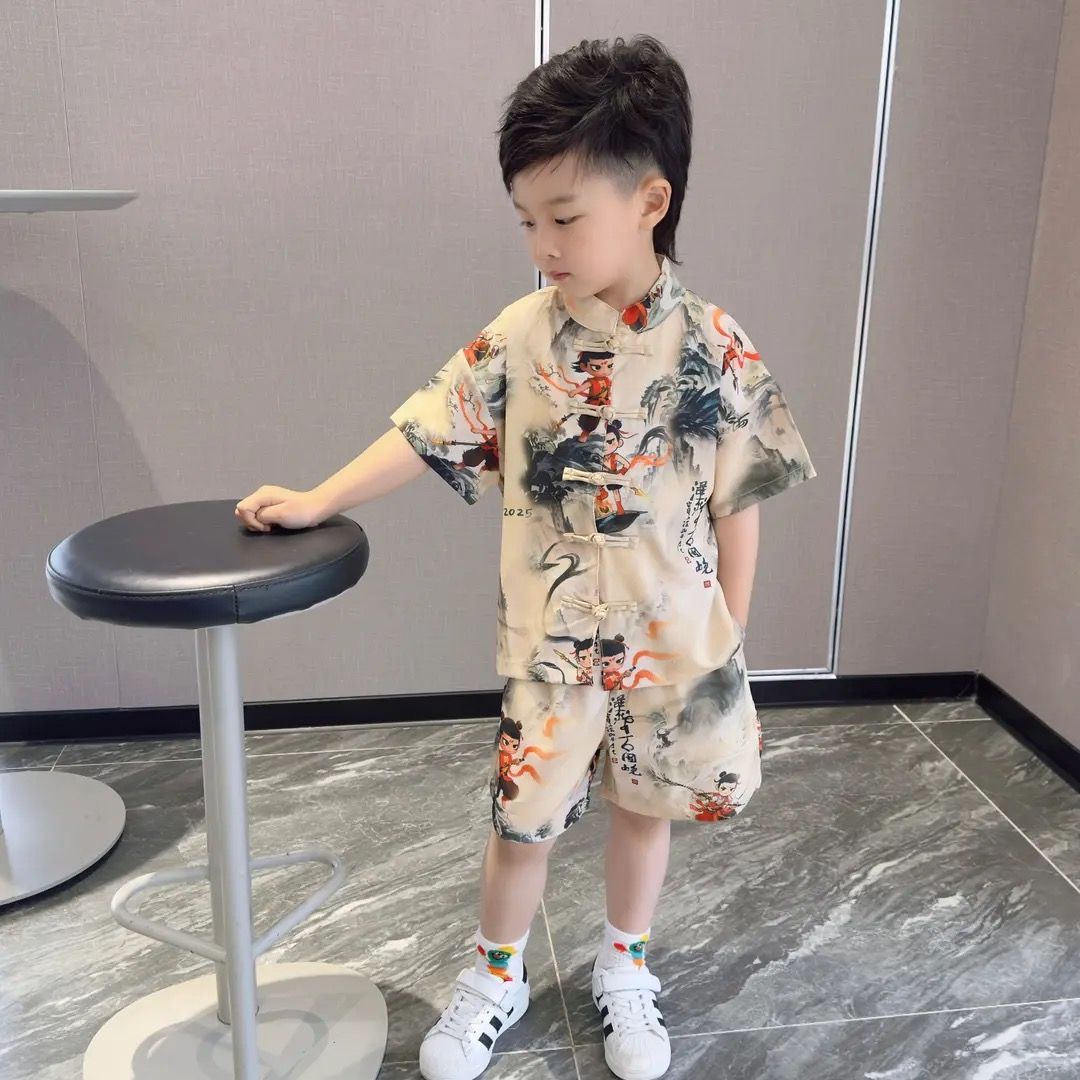 儿童2025新款夏季无口袋套装男童汉服夏装中式短袖唐装，古风新潮，宝贝穿出东方美！