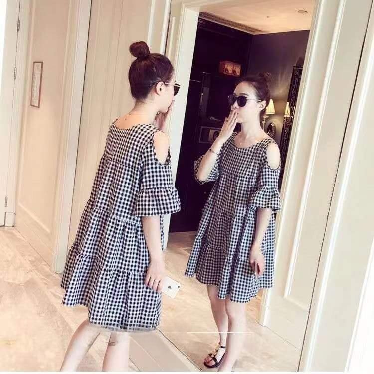 娃娃裙中长款女夏装2025新款宽松露肩连衣裙，小清新格子A字三件套，夏日必备！