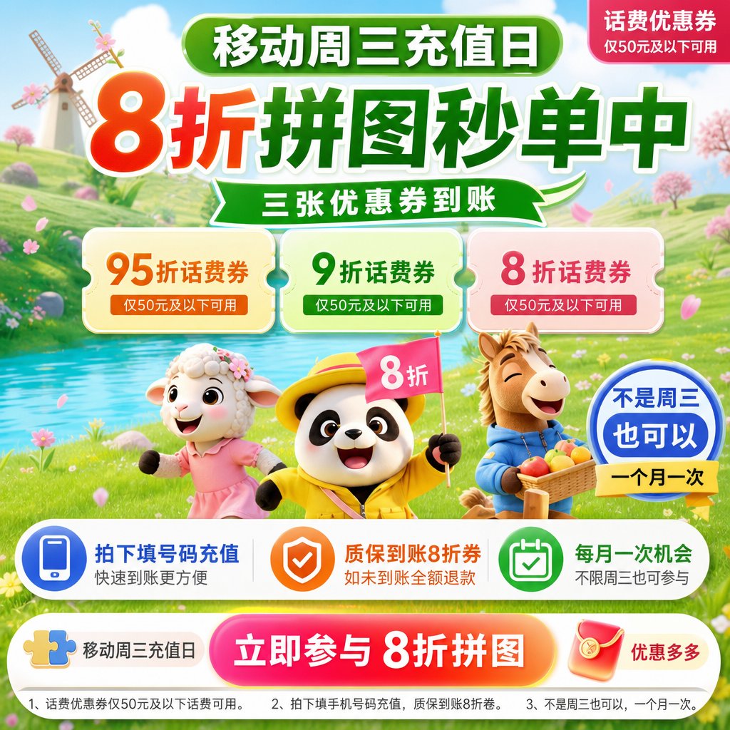中国移动拼图8折优惠券-手机接码