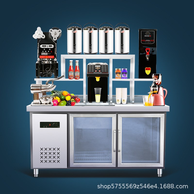 奶茶店必备神器！全套水吧台+商用冷藏工作台+冰柜+饮品操作机器+雪克台，开启你的创业梦想之旅