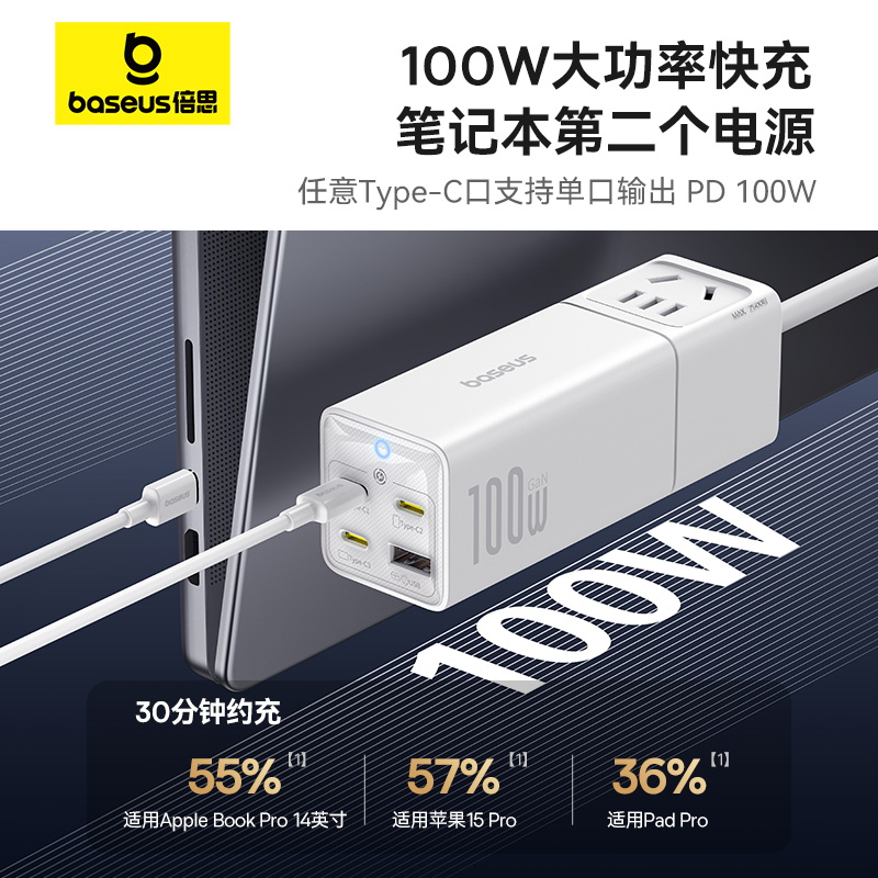 倍思桌面多功能USB充电插座100W氮化镓插线板！苹果华为都夸它太香了！