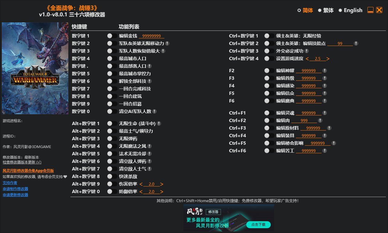《全面战争：战锤3（Total War: Warhammer III）》v1.0-v8.0.1 三十六项修改器