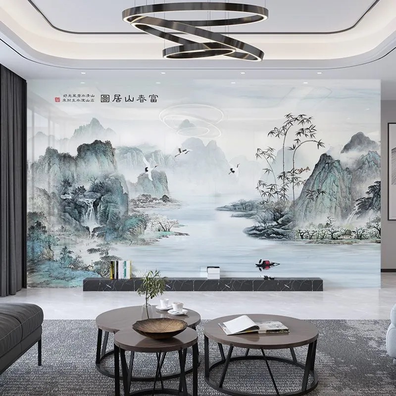 新款中式山水电视背景墙护墙板，卧室客厅装饰壁画纤维集成碳晶墙板，如何打造古韵新风家居美学？
