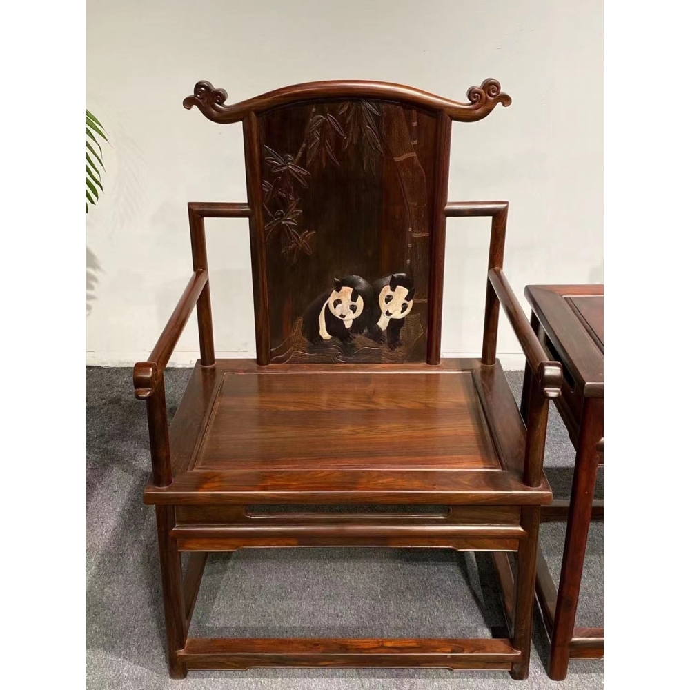 大叶紫檀卢氏黑黄檀精雕竹节熊猫太师椅：古典与现代的完美融合，红木家具的新潮流！