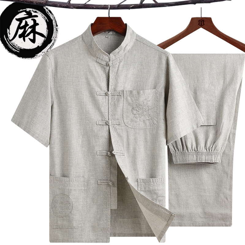爸爸夏季唐装短袖套装：中国风中老年人夏装，爷爷的清凉汉服薄款棉